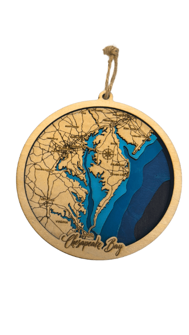 Wooden ornament with map design and blue water illustration on a white background