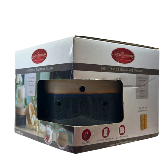 Boxed 2-in-1 Deluxe Fragrance Warmer with branding and product images on a white background
