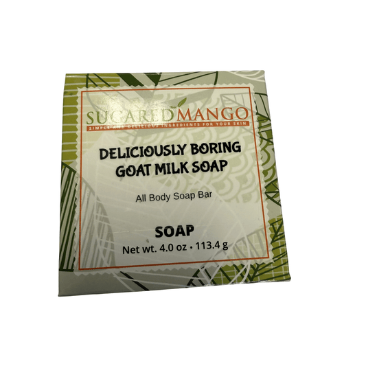 Goat milk soap bar packaging with 'Sugared Mango' branding on a white background