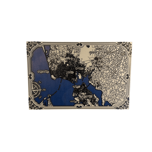 Map design on a rectangular card with decorative elements