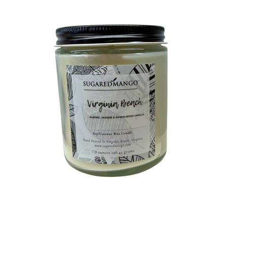 Candle jar labeled 'Sugared Mango Virginia Beach' on a white background