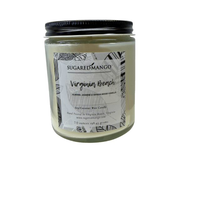 Candle jar labeled 'Sugared Mango Virginia Beach' on a white background