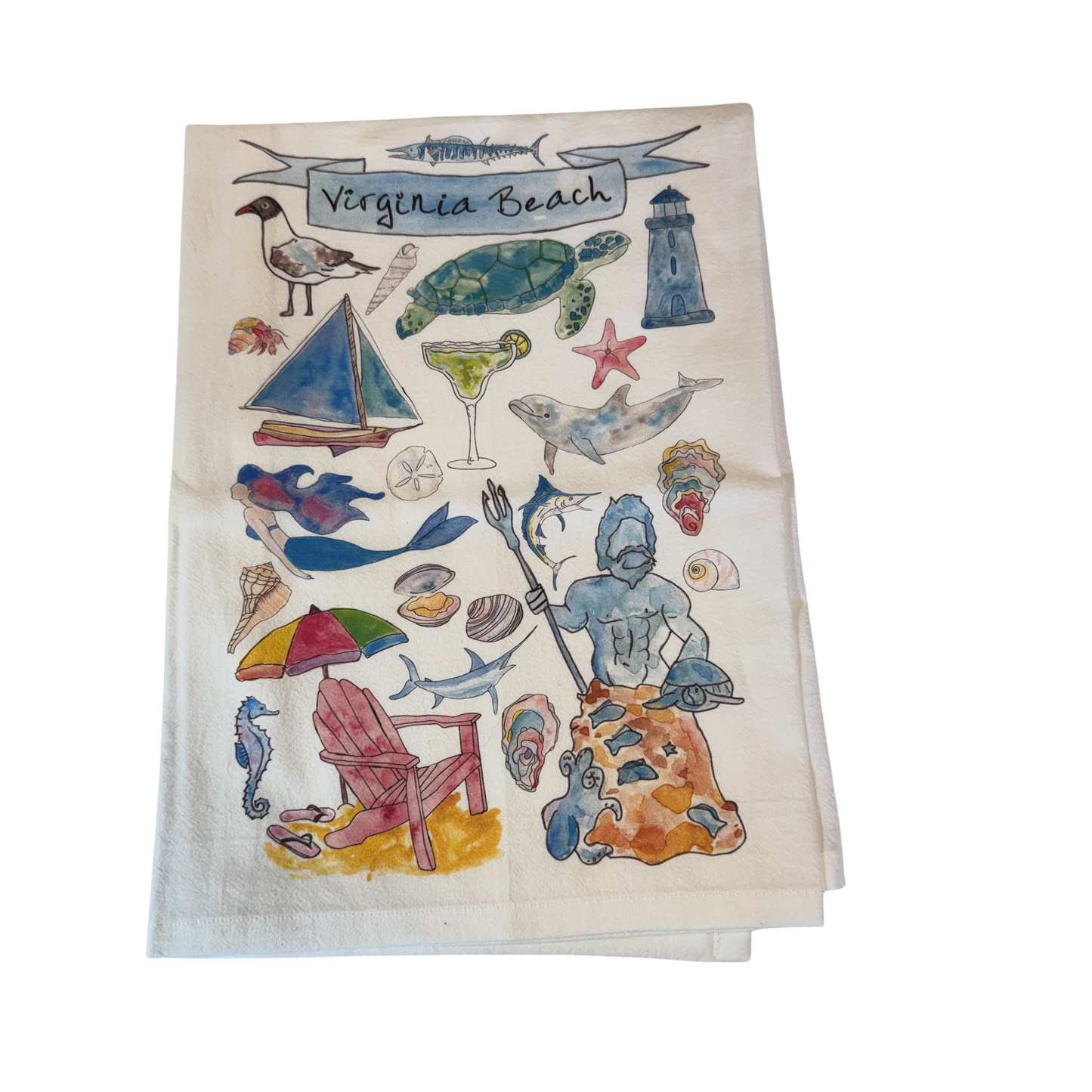 Virginia Beach-themed decorative towel with various beach-related illustrations.