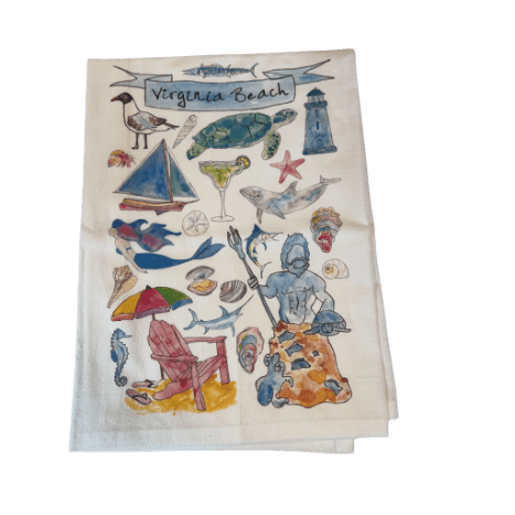 Virginia Beach-themed decorative towel with various beach-related illustrations.