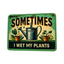 Metal sign with text 'Sometimes I Wet My Plants' and gardening imagery on a green background