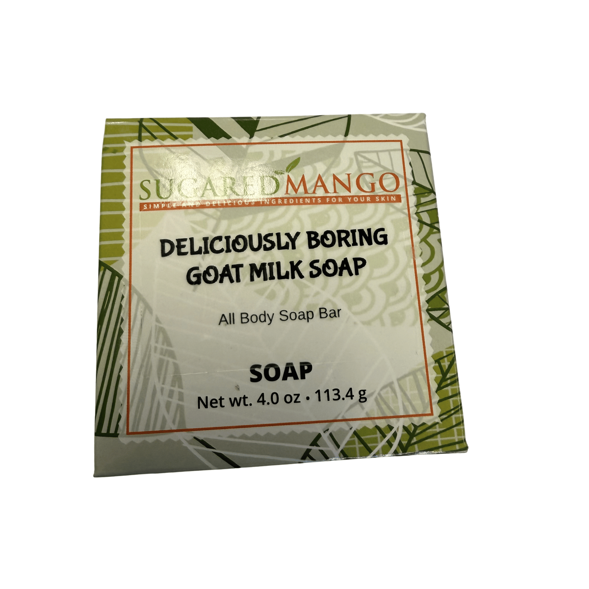 Goat milk soap bar packaging with 'Sugared Mango' branding on a white background