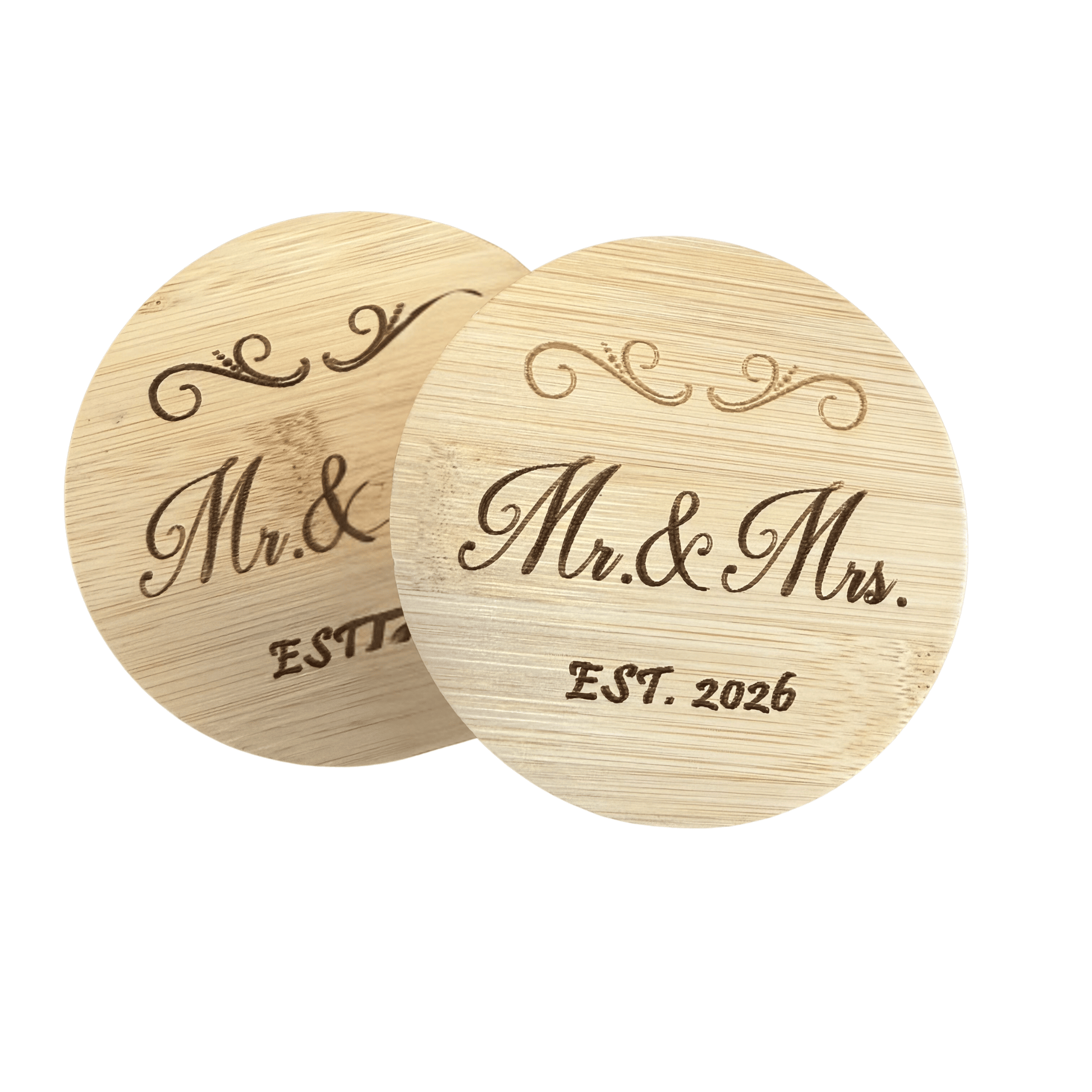 Two wooden coasters with 'Mr. & Mrs. Est. 2026' engraving on a white background