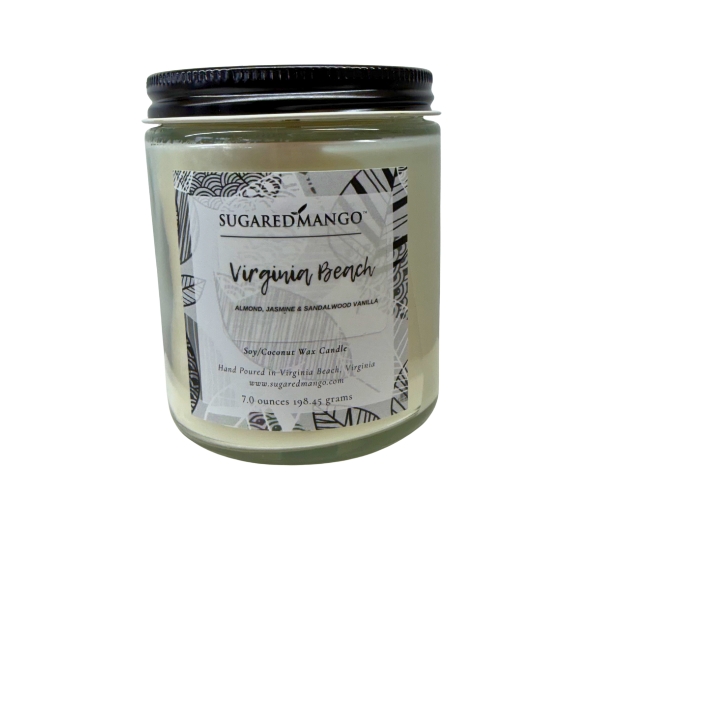 Candle jar labeled 'Sugared Mango Virginia Beach' on a white background