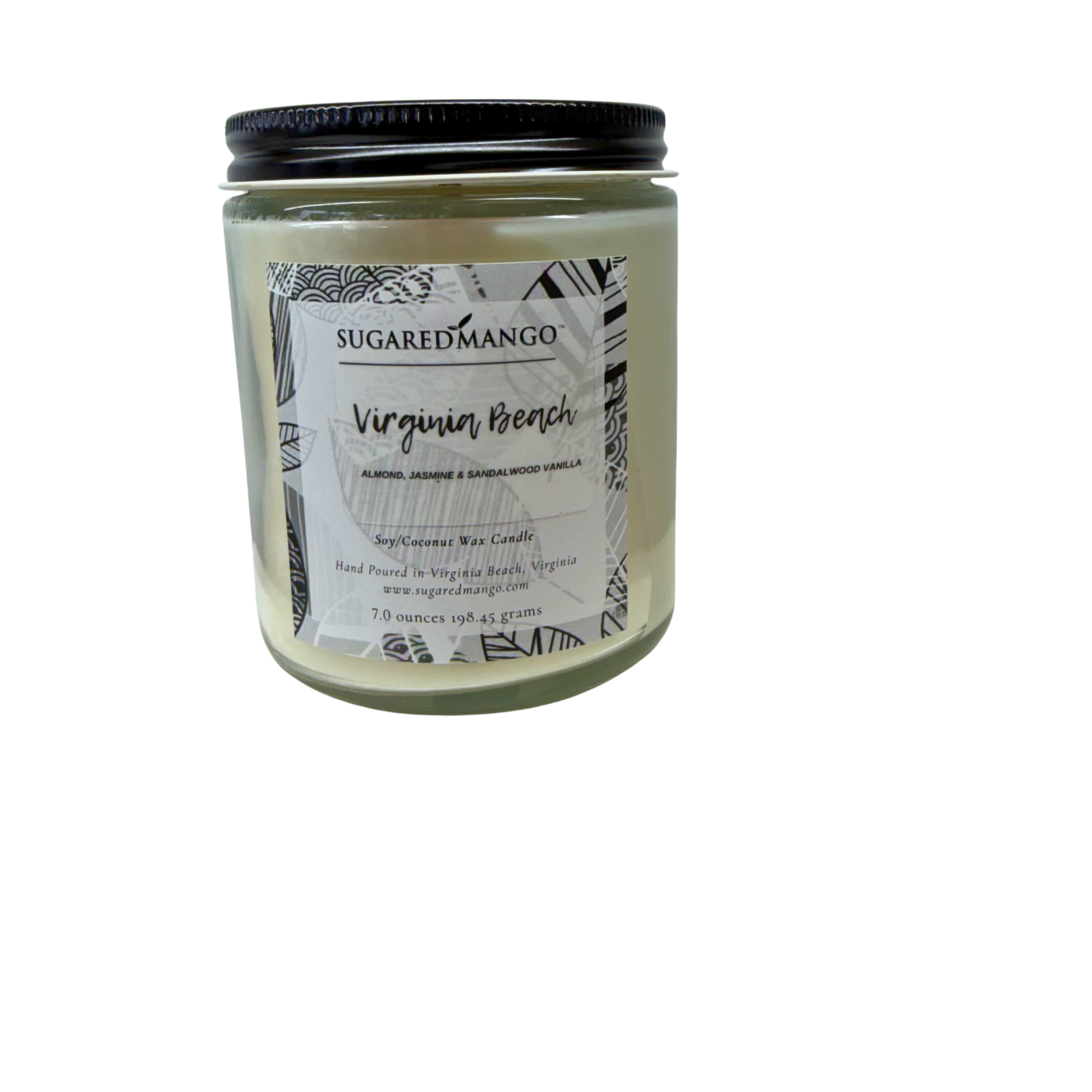 Candle jar labeled 'Sugared Mango Virginia Beach' on a white background