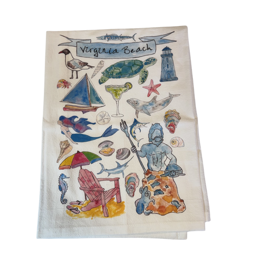 Virginia Beach-themed decorative towel with various beach-related illustrations.