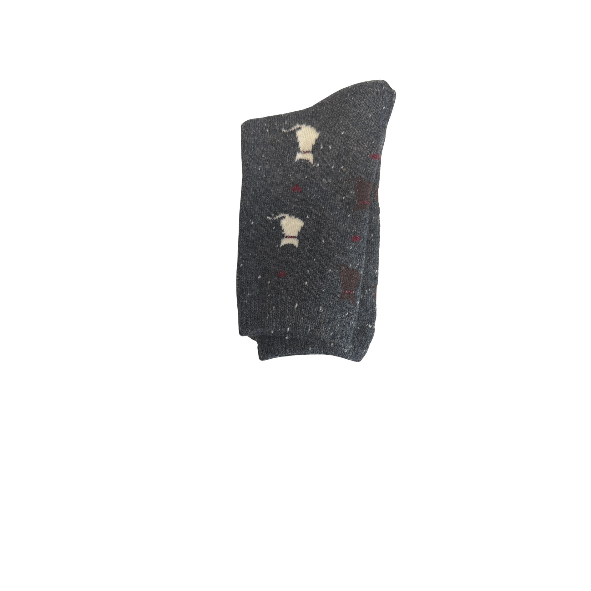 Black sock with white and red patterns on a white background